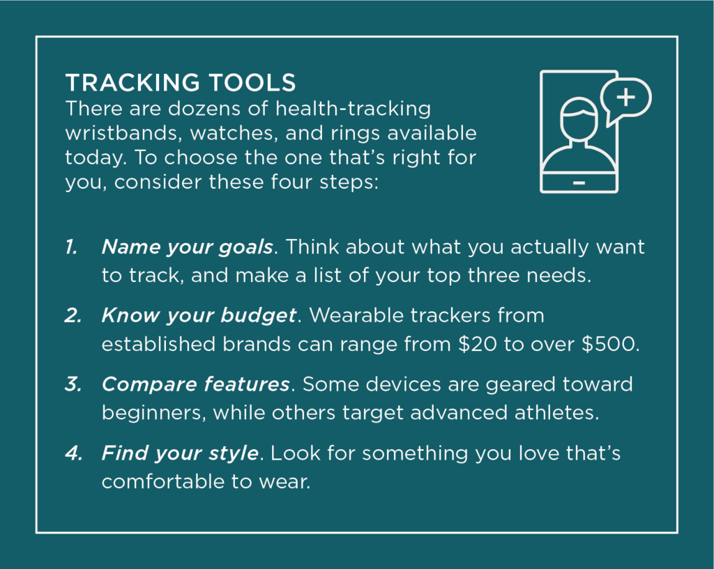 4 tips for choosing the health-tracking device that's right for you: name your goals, know your budget, compare features, and find your style.