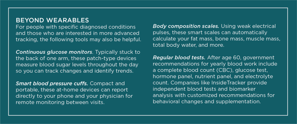 4 options for health tracking beyond wearable devices: continuous glucose monitors, smart blood-pressure cuffs, body compositions scales, and regular blood tests.
