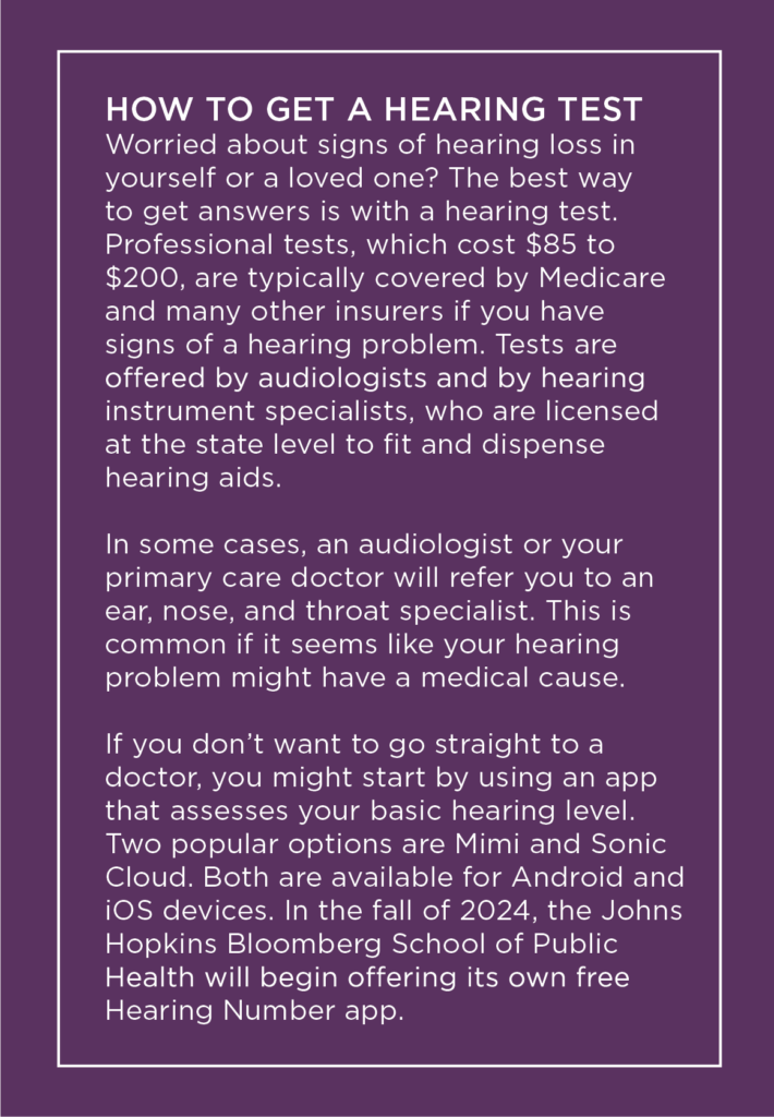 This text box explains how to get a hearing test.