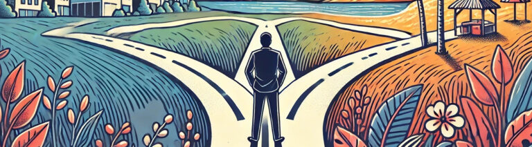 This illustration shows a person standing at a 3-way crossroads. They can choose retirement, work, or something between the two.