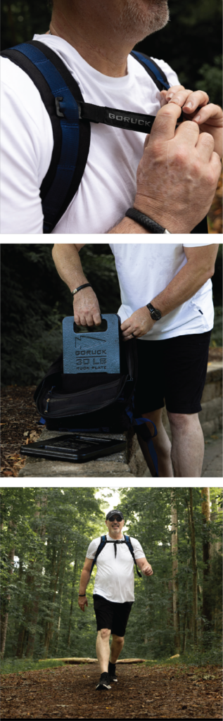 Three vertically stacked images show a rucking backpack, a rucking weight, and a man wearing a weighted rucking backpack on a walk through the woods.