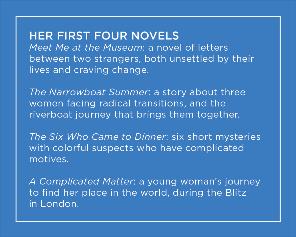 Anne Youngson's first four novels: Meet Me at the Museum, The Narrowboat Summer, The Six Who Came to Dinner, and A Complicated Matter